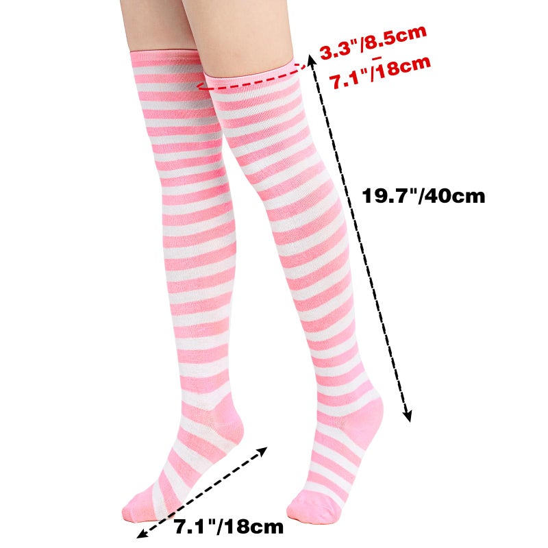 DAZCOS Striped Thigh High Socks Elastic Over The Knee Knit Stockings for Daily or Anime Cosplay (Pink+White) - Image 2